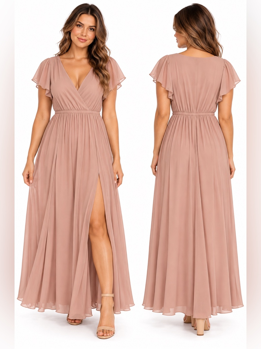 Lulus Size Medium Elegant Flutter Sleeve Maxi Dress in Blush Nude Pink